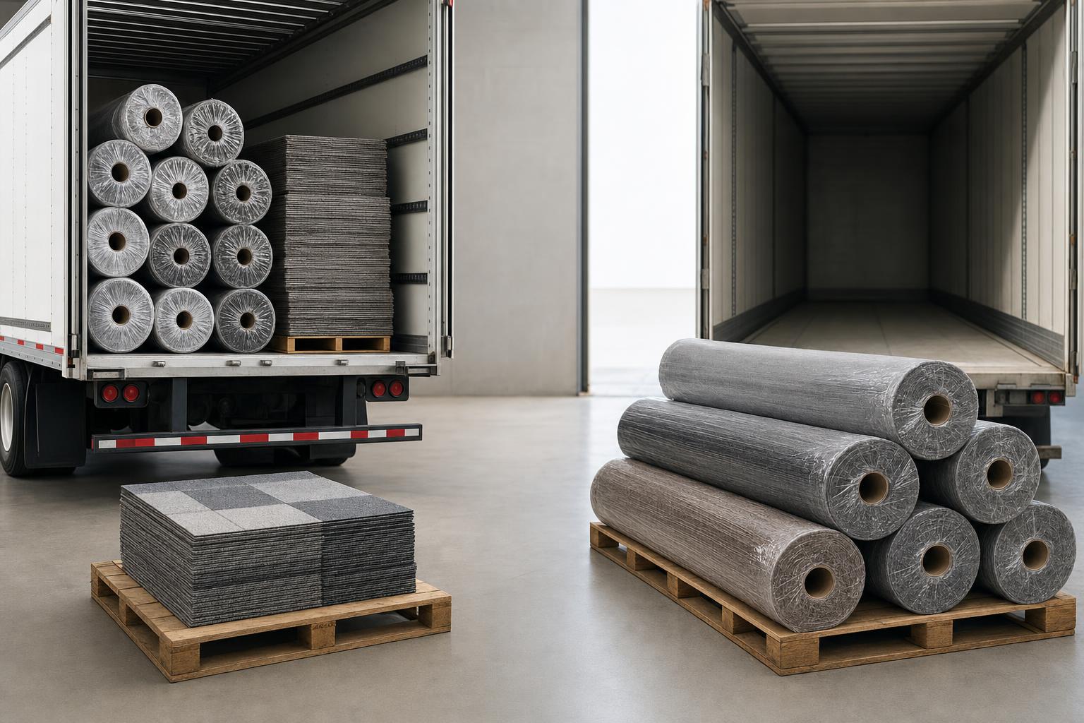 Wrapped carpet rolls and flooring tiles stacked on pallets being loaded into commercial delivery trucks at a warehouse dock