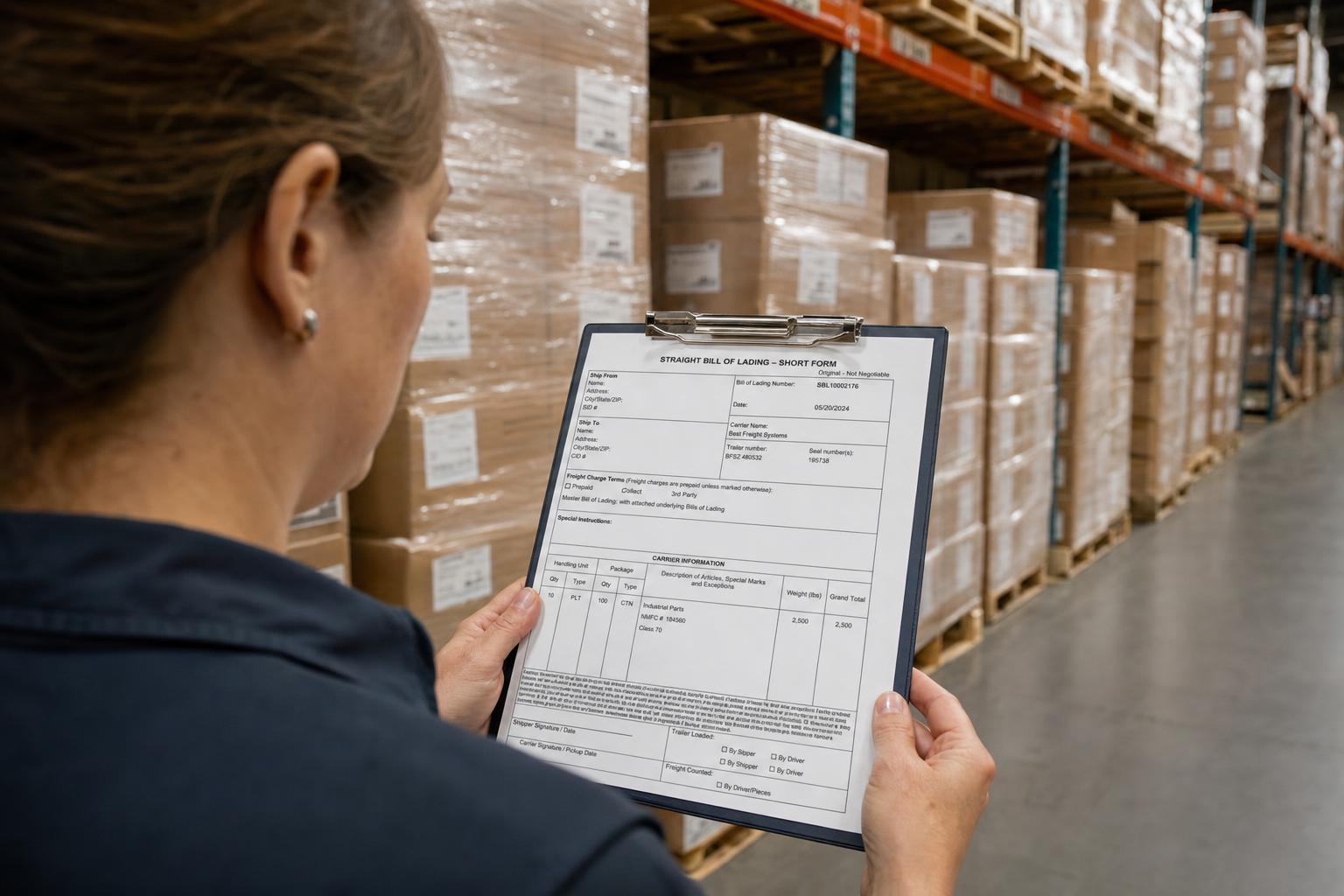 Warehouse worker reviewing a straight bill of lading form on clipboard surrounded by stacked pallets and shelving in distribution center