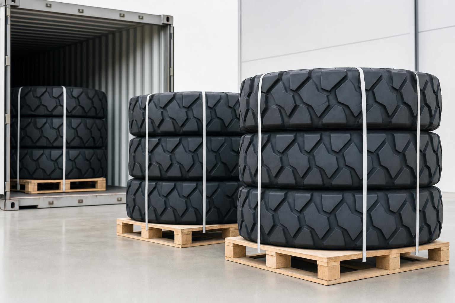 Large industrial tires stacked on wooden pallets secured with straps outside an open shipping container for bulk tire storage and transport