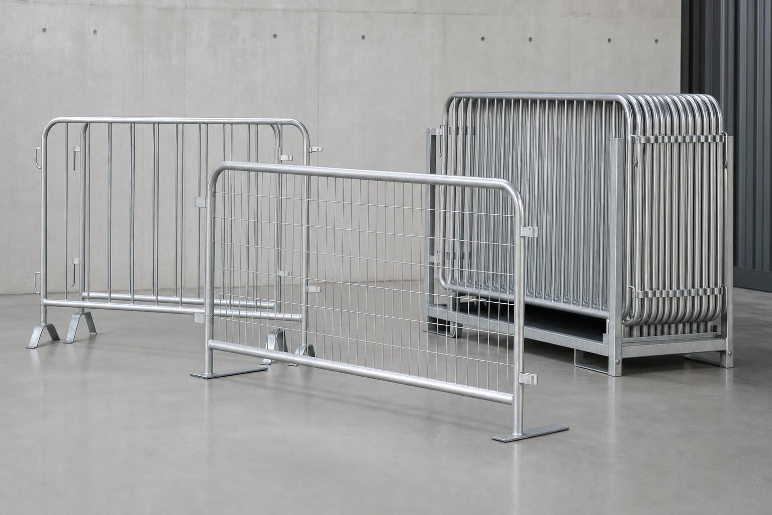 Galvanized steel crowd control barriers with flat feet, including stacked barricades on a transport cart, displayed indoors against concrete wall.