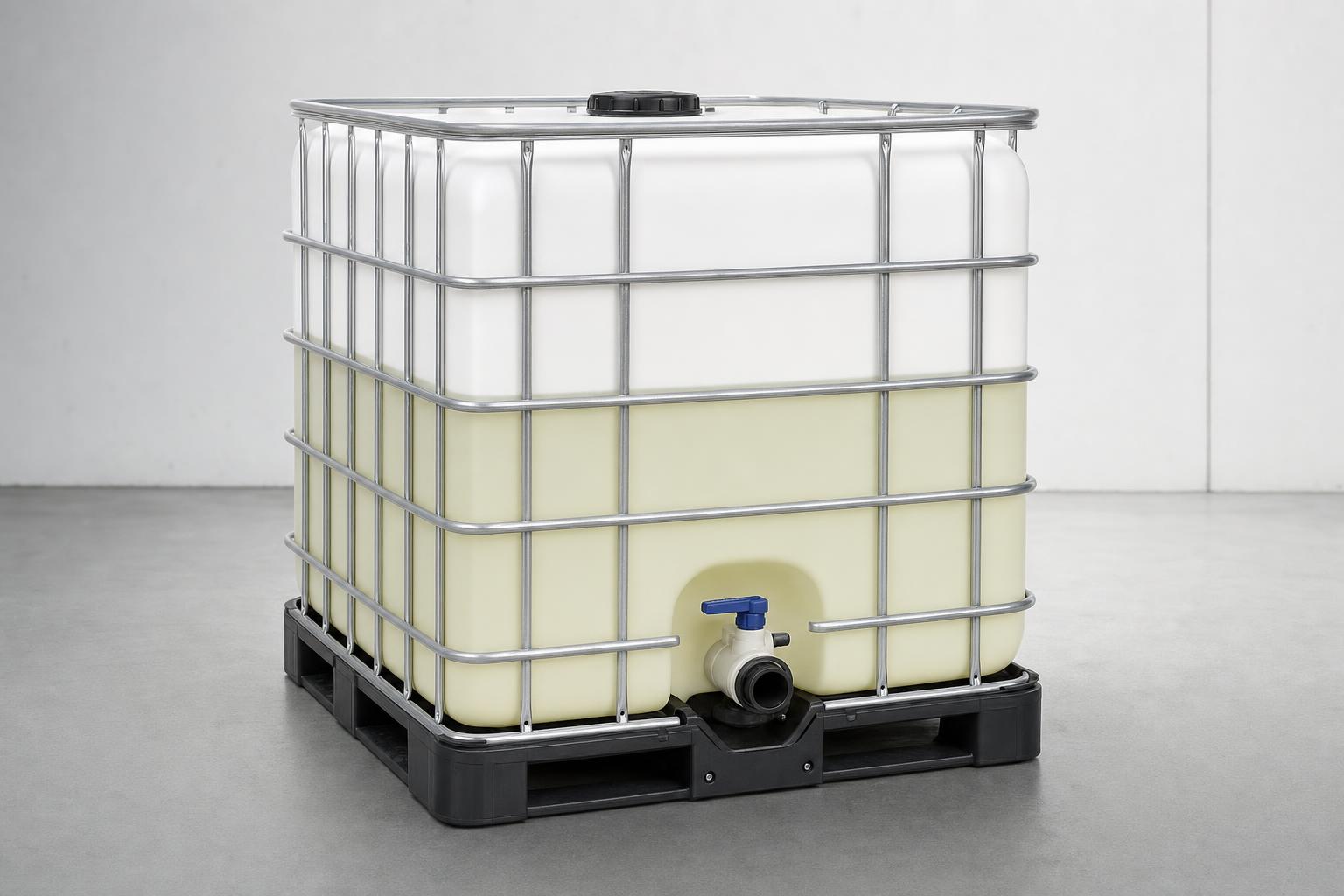 1000L IBC tote tank with steel cage frame, blue ball valve, and black plastic pallet for bulk liquid storage and transport