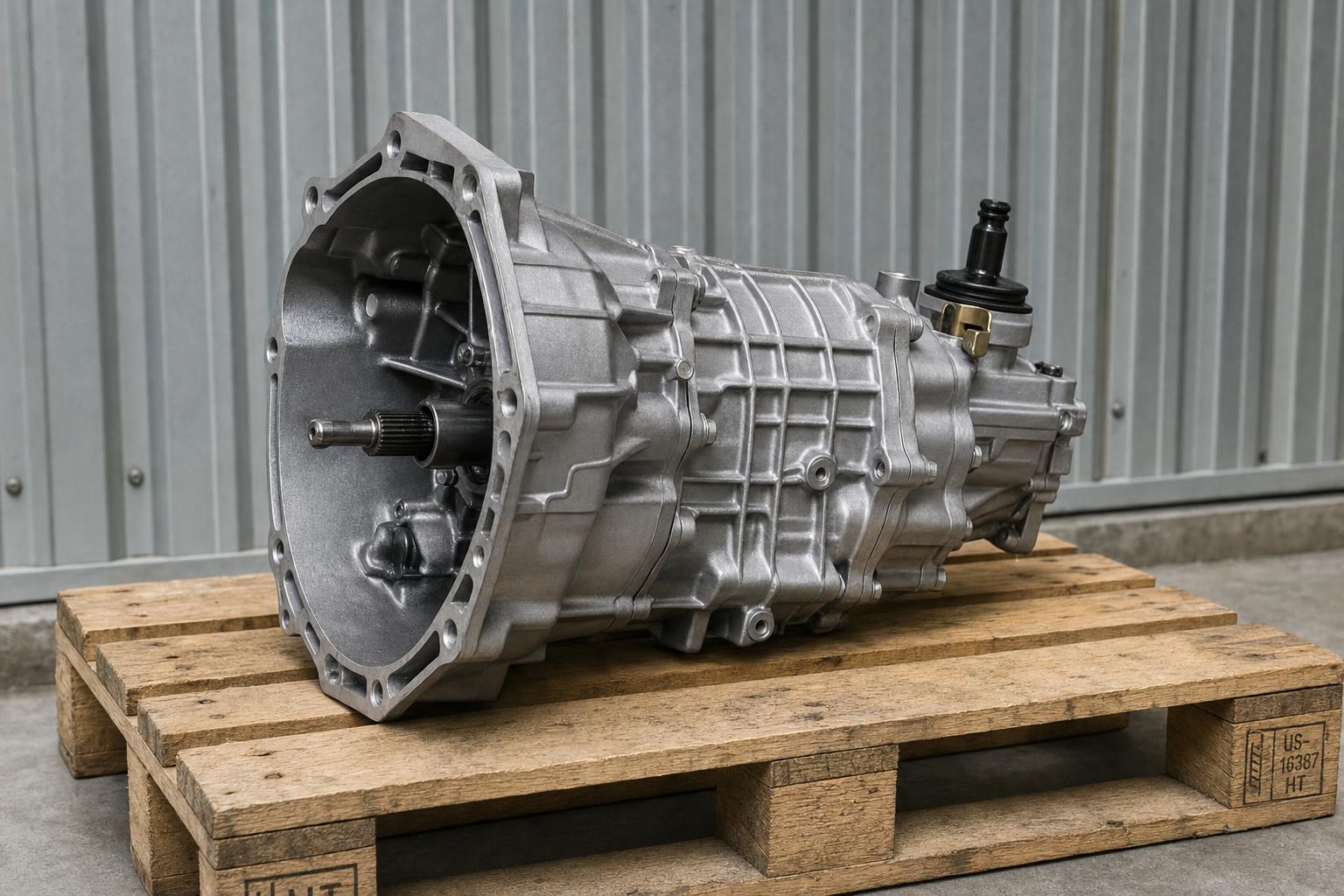 Rebuilt manual transmission gearbox sitting on a wooden pallet against a corrugated metal wall, ready for installation