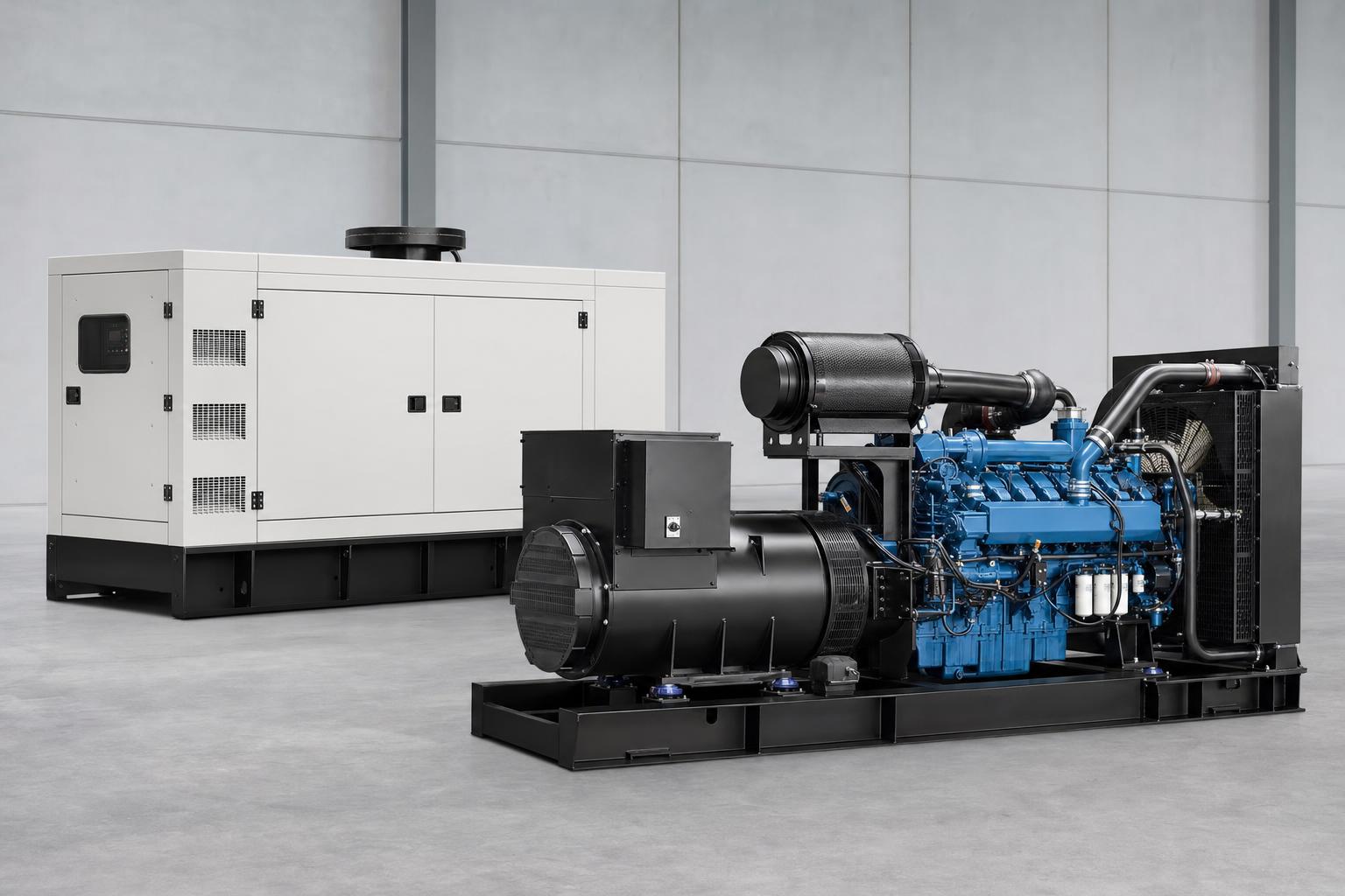 Industrial diesel generator set with blue engine on black base frame beside enclosed standby generator unit in warehouse facility