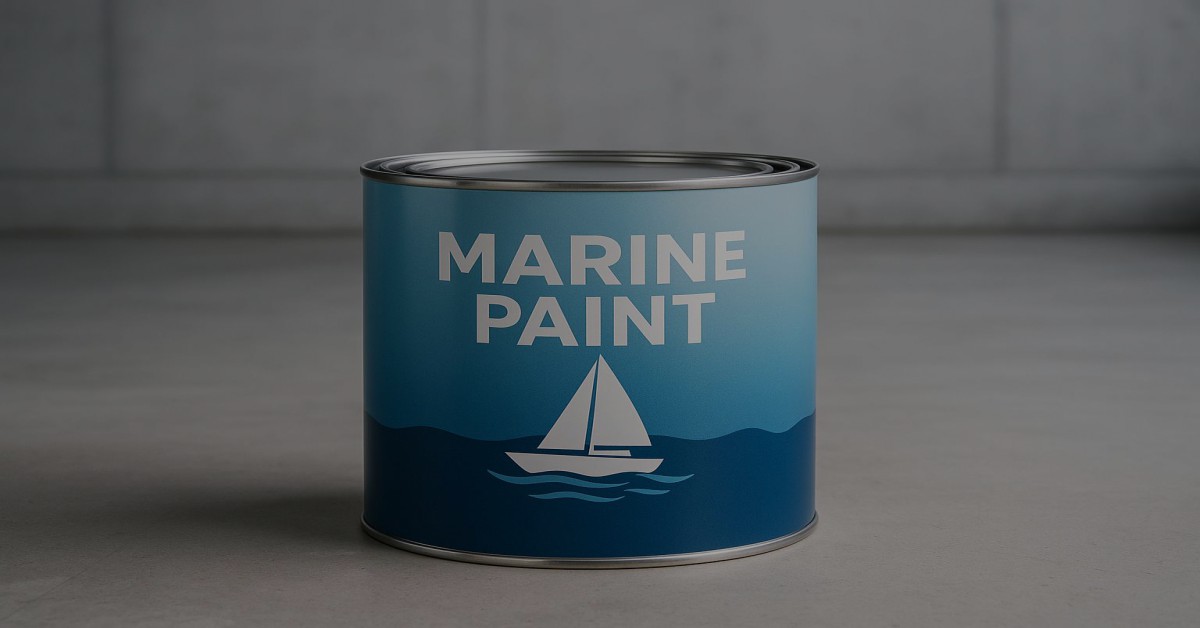 Blue can of marine paint with a sailboat graphic on a simple concrete background, illustrating shipping guidelines for marine coatings.
