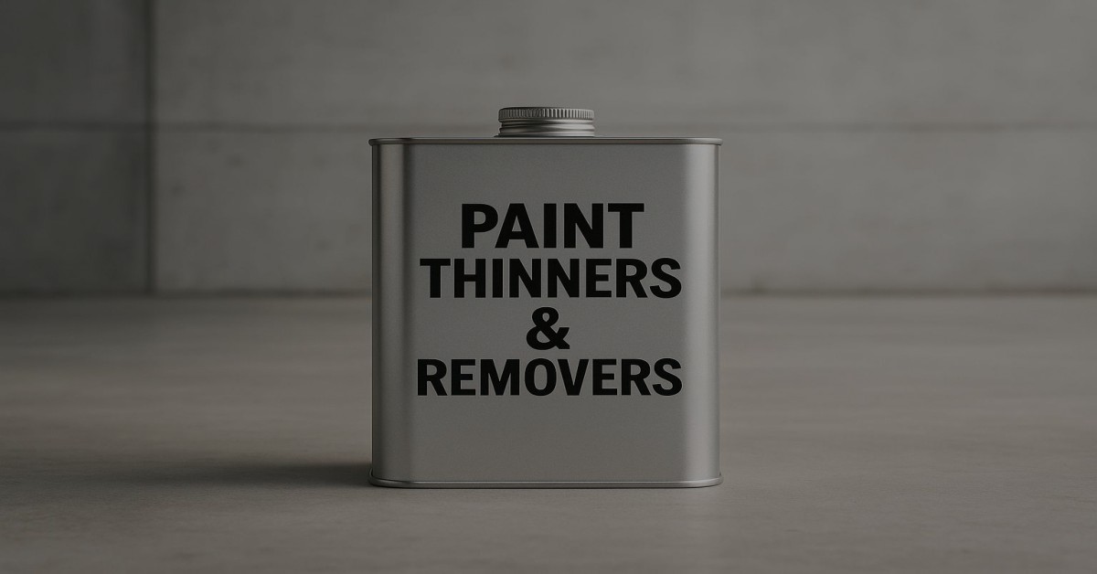 Metal container labeled 'Paint Thinners & Removers' on a subtle gray background, illustrating common packaging for hazardous shipping materials, relevant to the cost analysis of transporting such products.