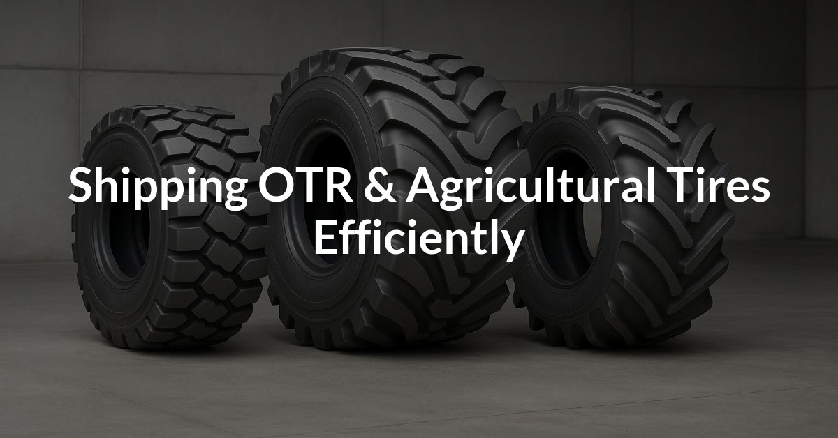 Three large OTR and agricultural tires displayed in a warehouse setting with the text 'Shipping OTR & Agricultural Tires Efficiently' superimposed, emphasizing logistics and efficiency in tire transportation.