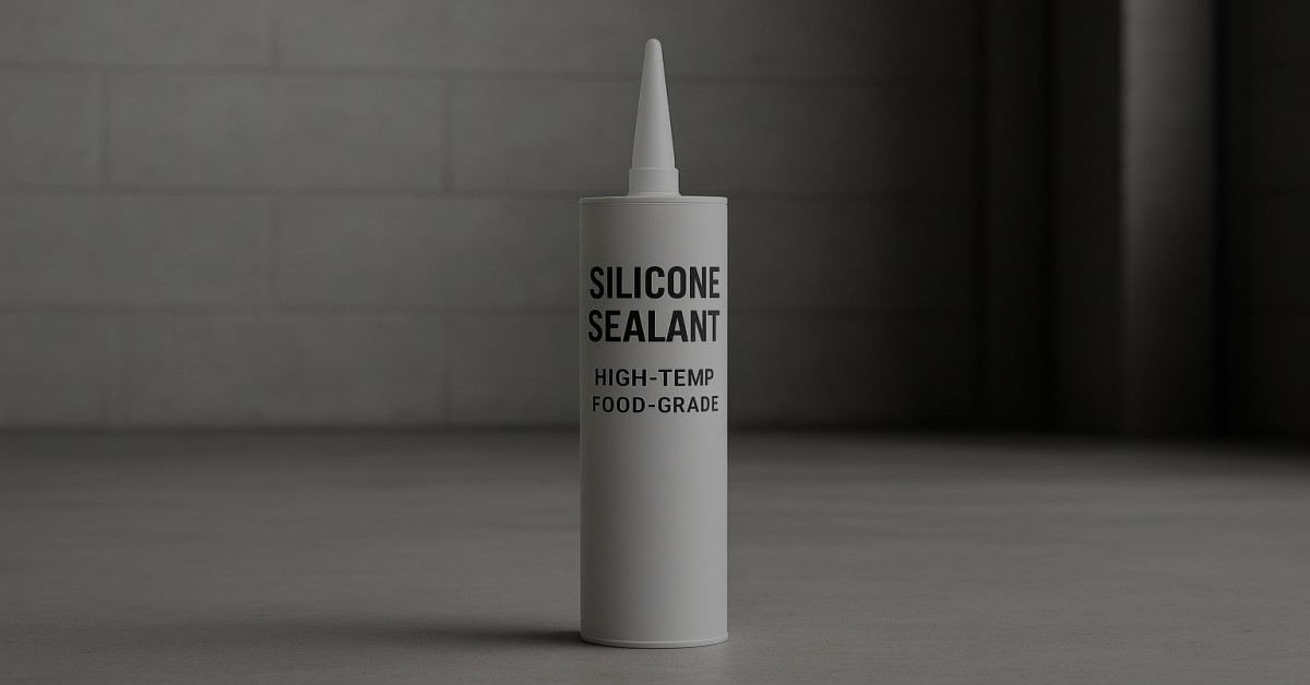 Bottle of high-temperature and food-grade silicone sealant in a sterile gray setting, highlighting its suitability for shipping and industrial use.