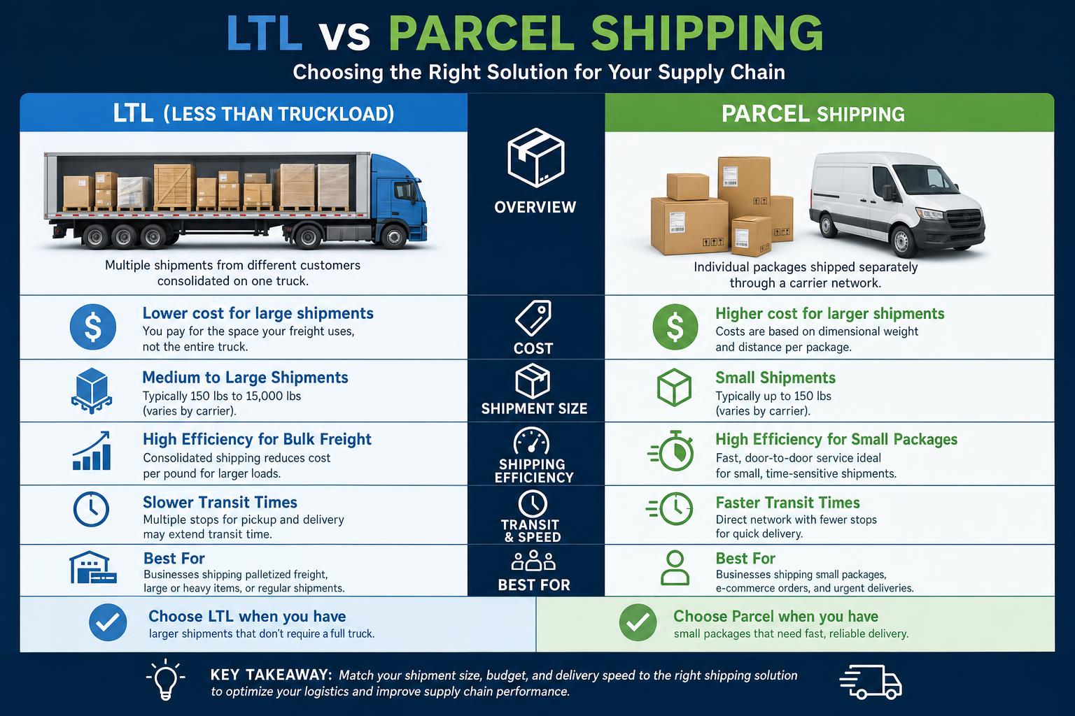 Infographic comparing LTL vs parcel shipping methods covering cost, shipment size, efficiency, transit speed, and best use cases for supply chain optimization.