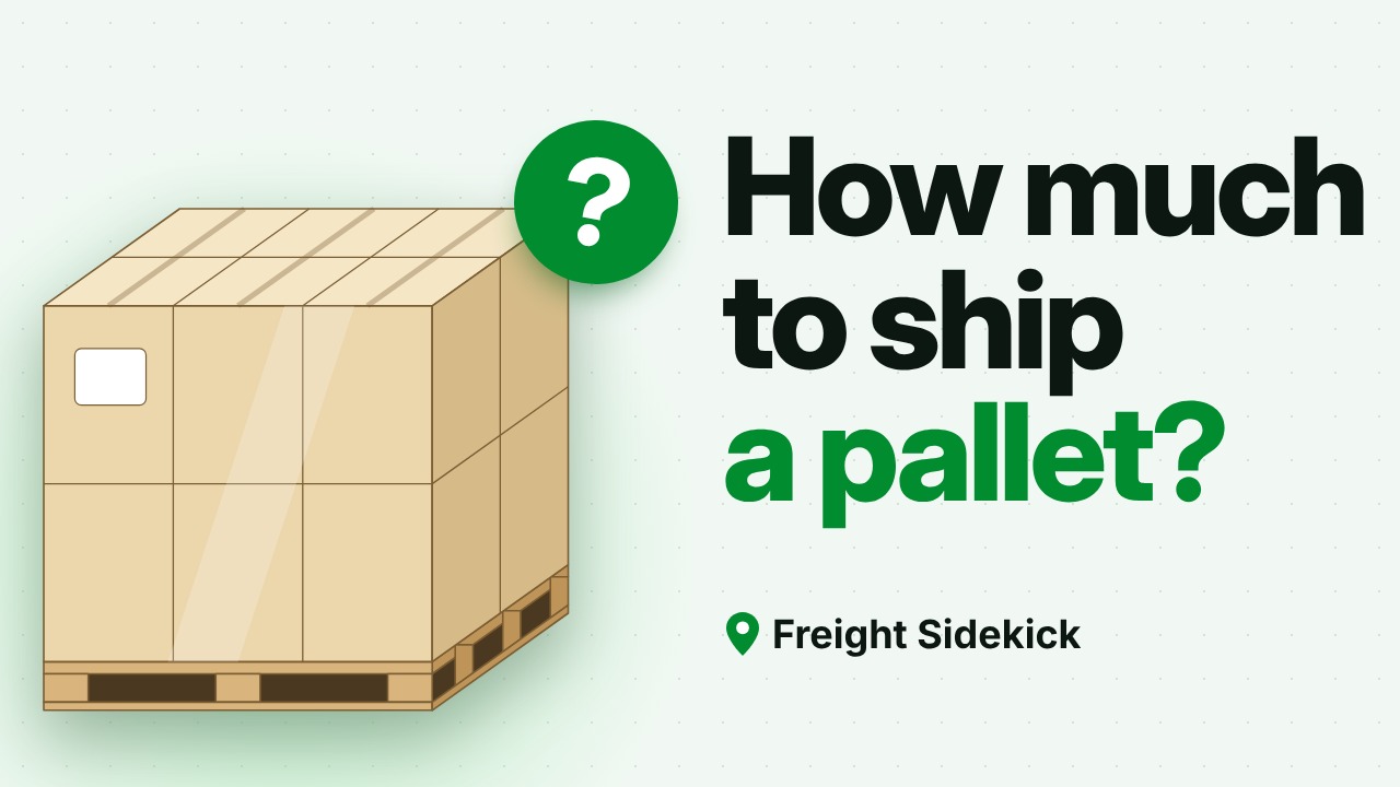 How much to ship a pallet? A shrink-wrapped pallet of boxes and a question mark.
