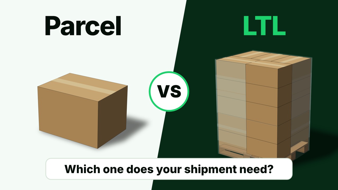Parcel vs LTL: a single box beside a wrapped pallet of boxes. Which one does your shipment need?