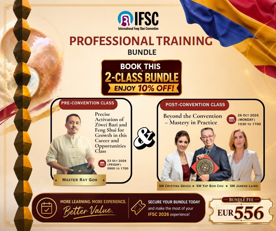 Promotional poster for the IFSC Professional Training Bundle featuring two classes: Pre-Convention with Master Ray Goh and a Post-Convention session with instructors Cristina Groza, Yap Boh Chu, and Janene Laird.