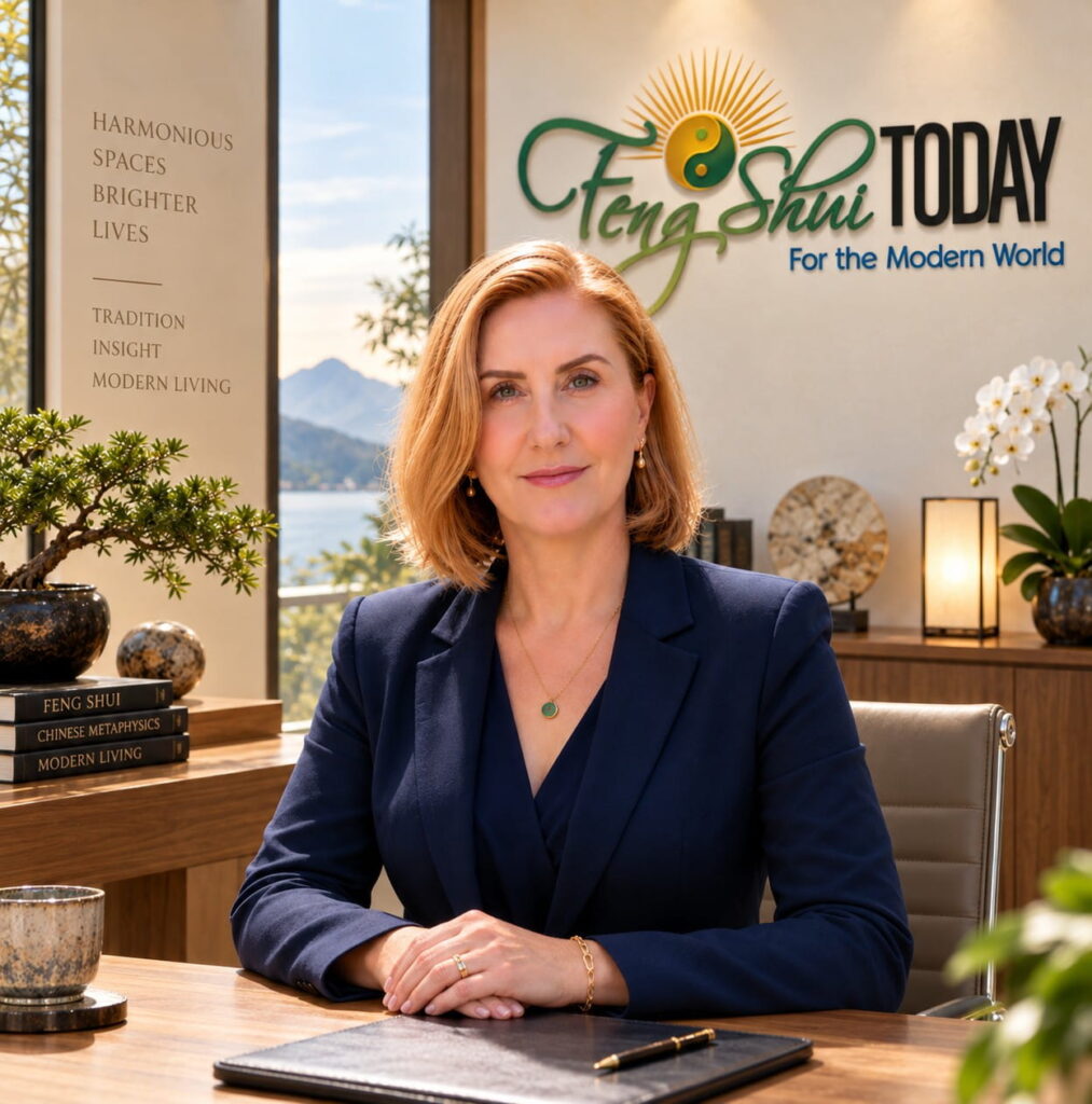 Senior Master Janene Laird : Feng Shui for Modern Living Professional woman with blonde hair in a navy blazer sits at a wooden desk in a bright office with a Feng Shui Today sign on the wall behind her.