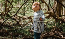 A child wearing a striped sweater explores a lush, wooded area, gazing upwards amidst intertwining branches and dappled sunlight.