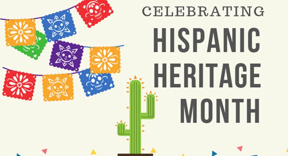 A green cactus stands in a pot surrounded by colorful triangle decorations. Above, festive papel picado designs in various colors hang. Text reads: "CELEBRATING HISPANIC HERITAGE MONTH."