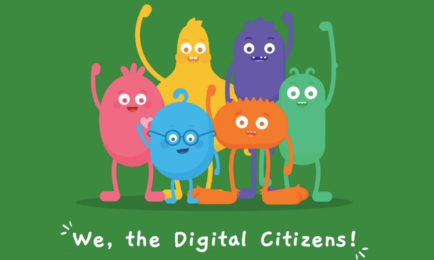 Colorful cartoon characters stand together with arms raised in a celebratory gesture, set against a green background. Text reads, "We, the Digital Citizens!"