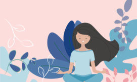 A woman with long hair sits cross-legged, meditating peacefully with closed eyes. Surrounding her are abstract, colorful leaves in shades of blue and pink, set against a soft pink background.