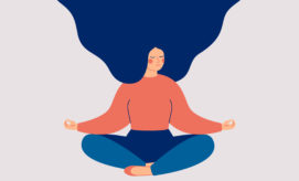 A person with long, flowing hair sits cross-legged, meditating with hands in an 'okay' gesture, against a neutral background. Their expression is calm and focused.