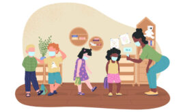 A caregiver checks a child’s temperature with a thermometer, showing 36.6, while three other children wait, all wearing masks. Shelves with toys and drawings decorate the room.