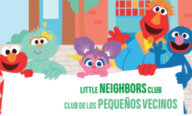 Colorful cartoon characters, including a purple-haired child, hold a white banner reading “LITTLE NEIGHBORS CLUB” and “CLUB DE LOS PEQUEÑOS VECINOS,” in a lively, town-like setting.