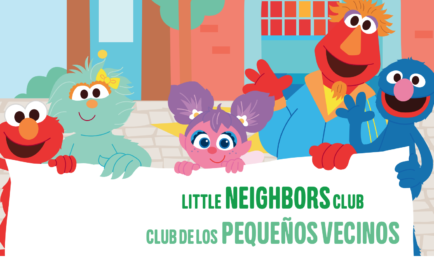 Colorful cartoon characters, including a purple-haired child, hold a white banner reading “LITTLE NEIGHBORS CLUB” and “CLUB DE LOS PEQUEÑOS VECINOS,” in a lively, town-like setting.