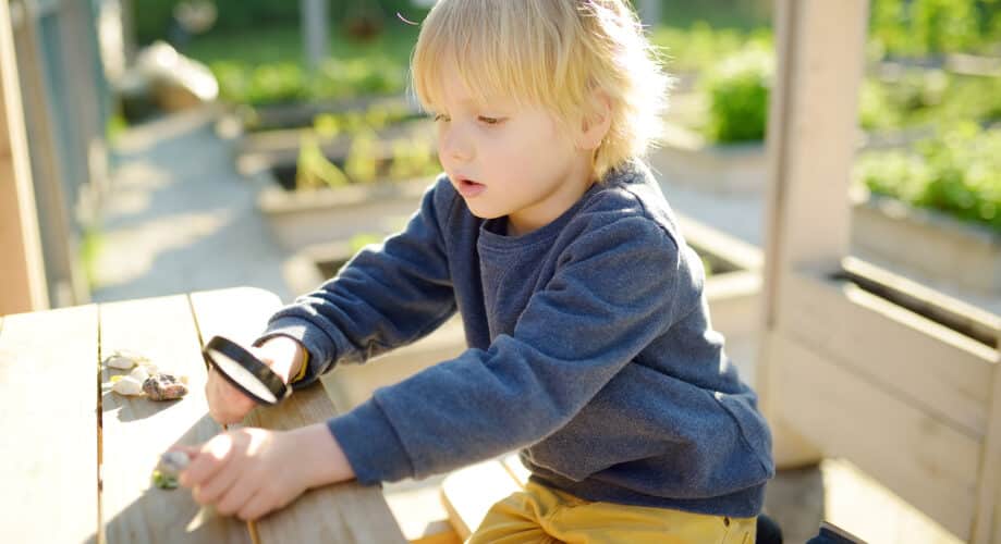 Preschool-aged child on bench outside while looking at rocks with a magnifying glass.