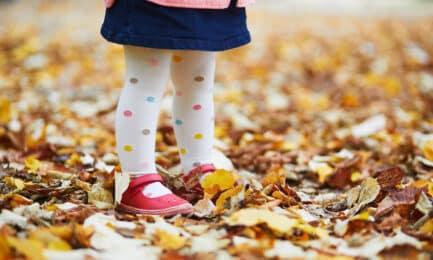 Toddler child walks through Autumn leaves.