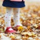 Toddler child walks through Autumn leaves.