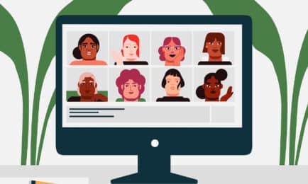 Graphic illustration of a group of women in a Zoom meeting on a computer monitor.