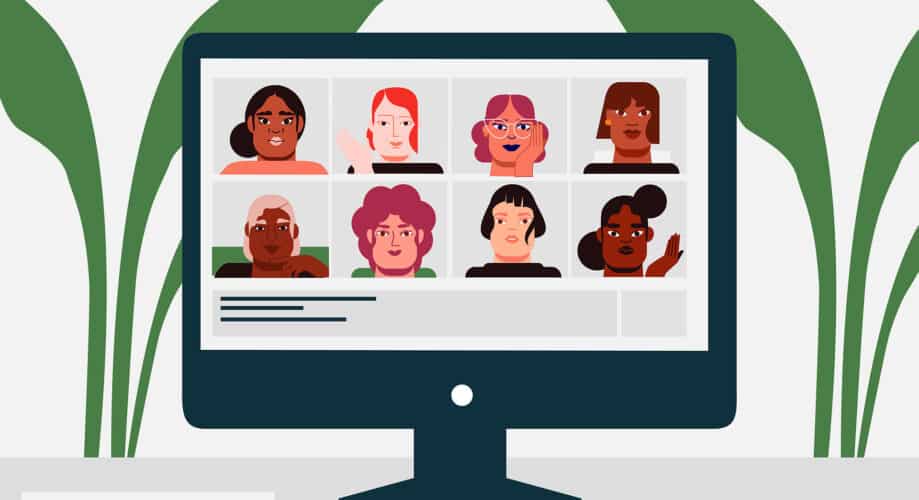 Graphic illustration of a group of women in a Zoom meeting on a computer monitor.