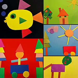 examples of shape collage art, showing a fish blowing bubbles, a house with a tree, and various other simple, colorful scenes.