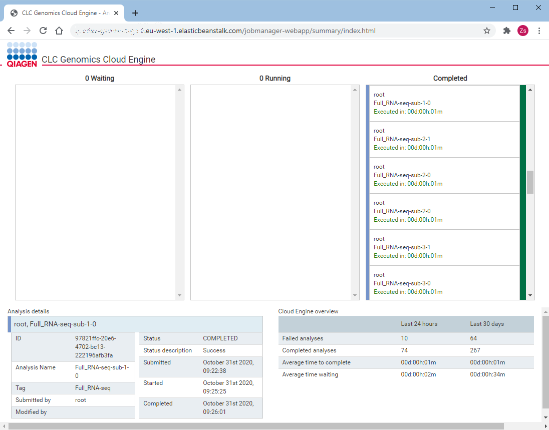 Screen shot showing status of submitted workflows