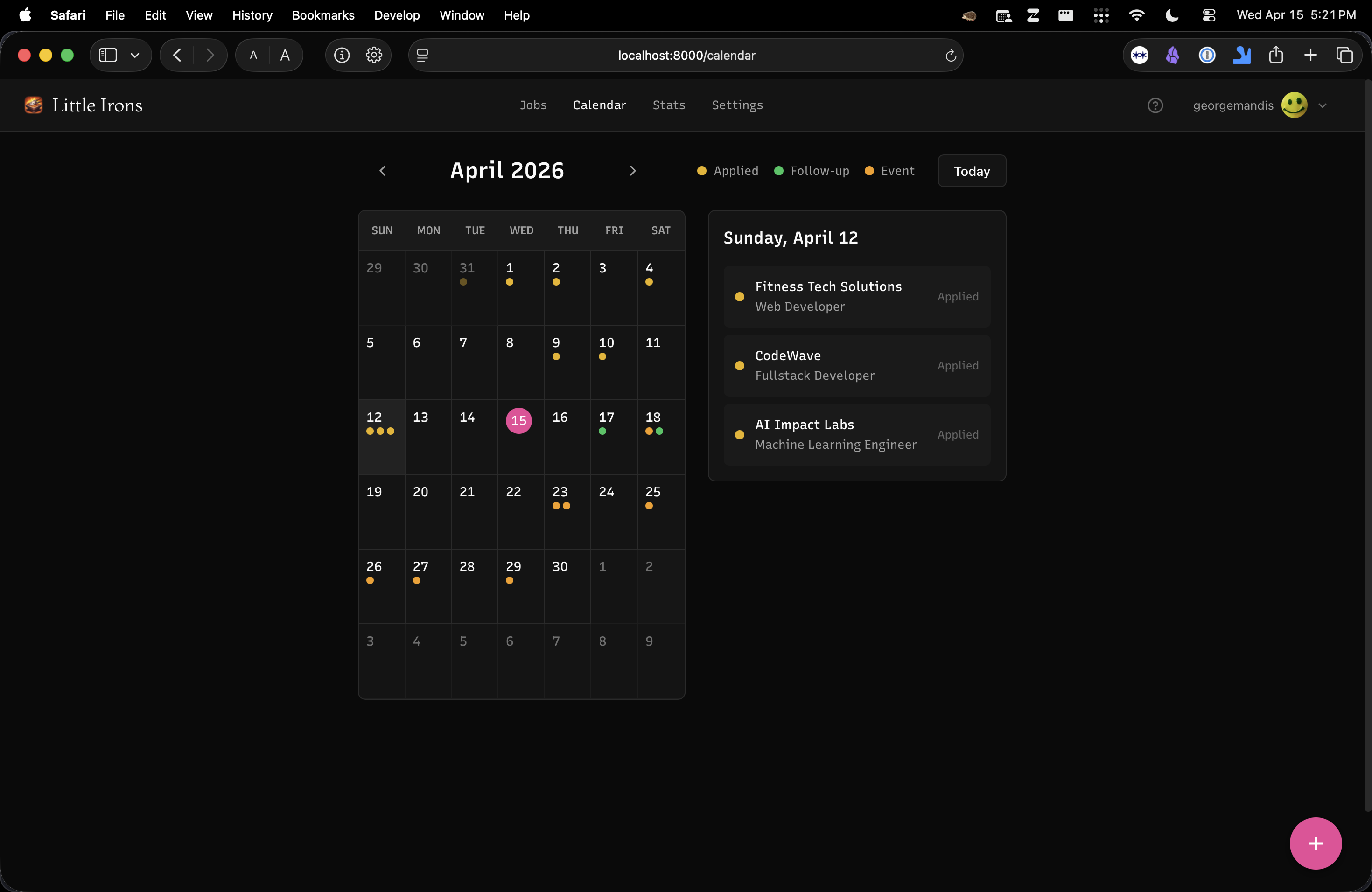 Little Irons calendar view for April 2026 showing application dates and follow-ups