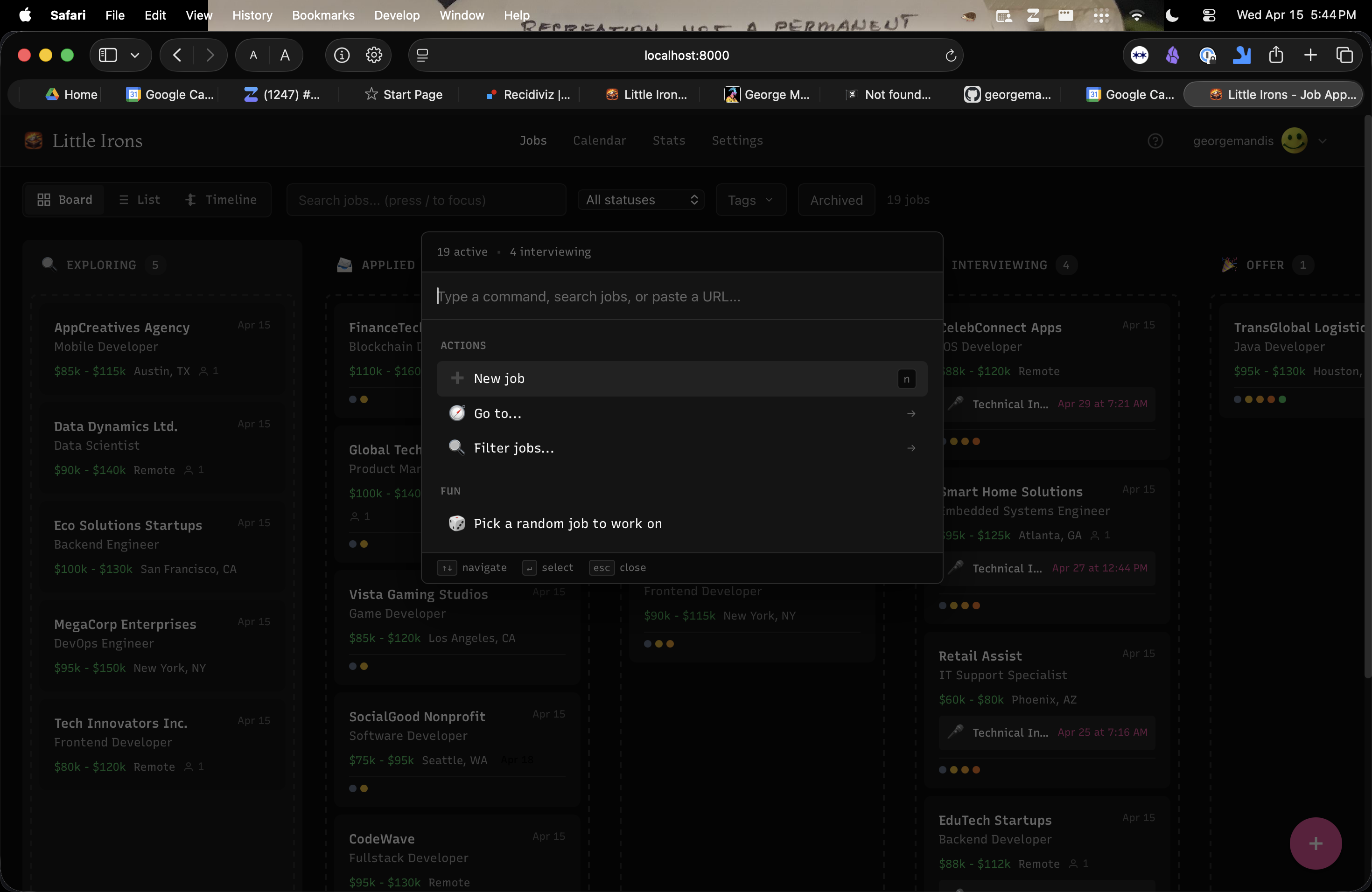 Little Irons command palette showing quick actions for searching jobs, navigating views, and filtering