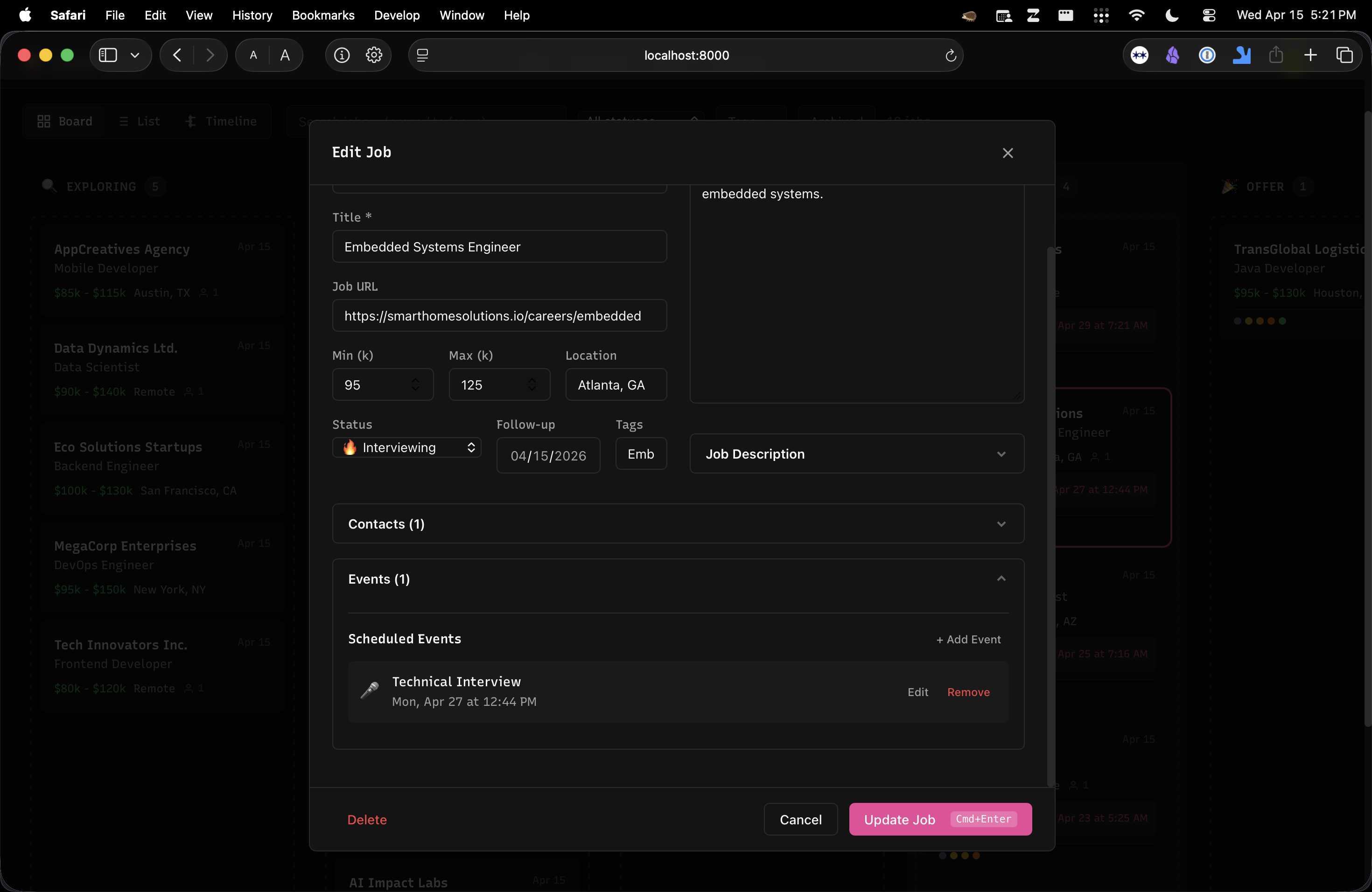 Little Irons edit job modal with fields for title, URL, salary, status, events, and contacts