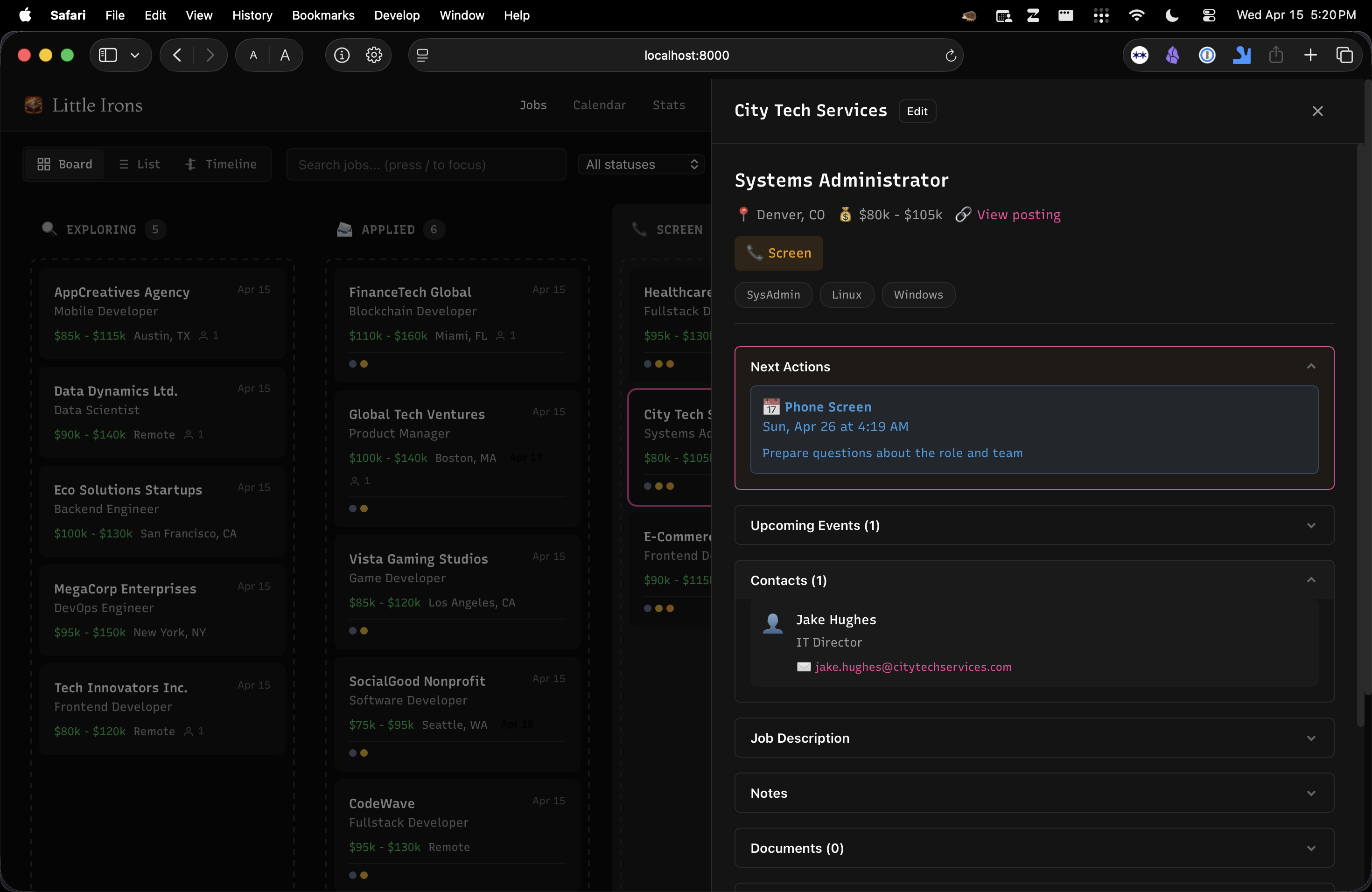 Little Irons job detail side panel showing a Systems Administrator position at City Tech Services