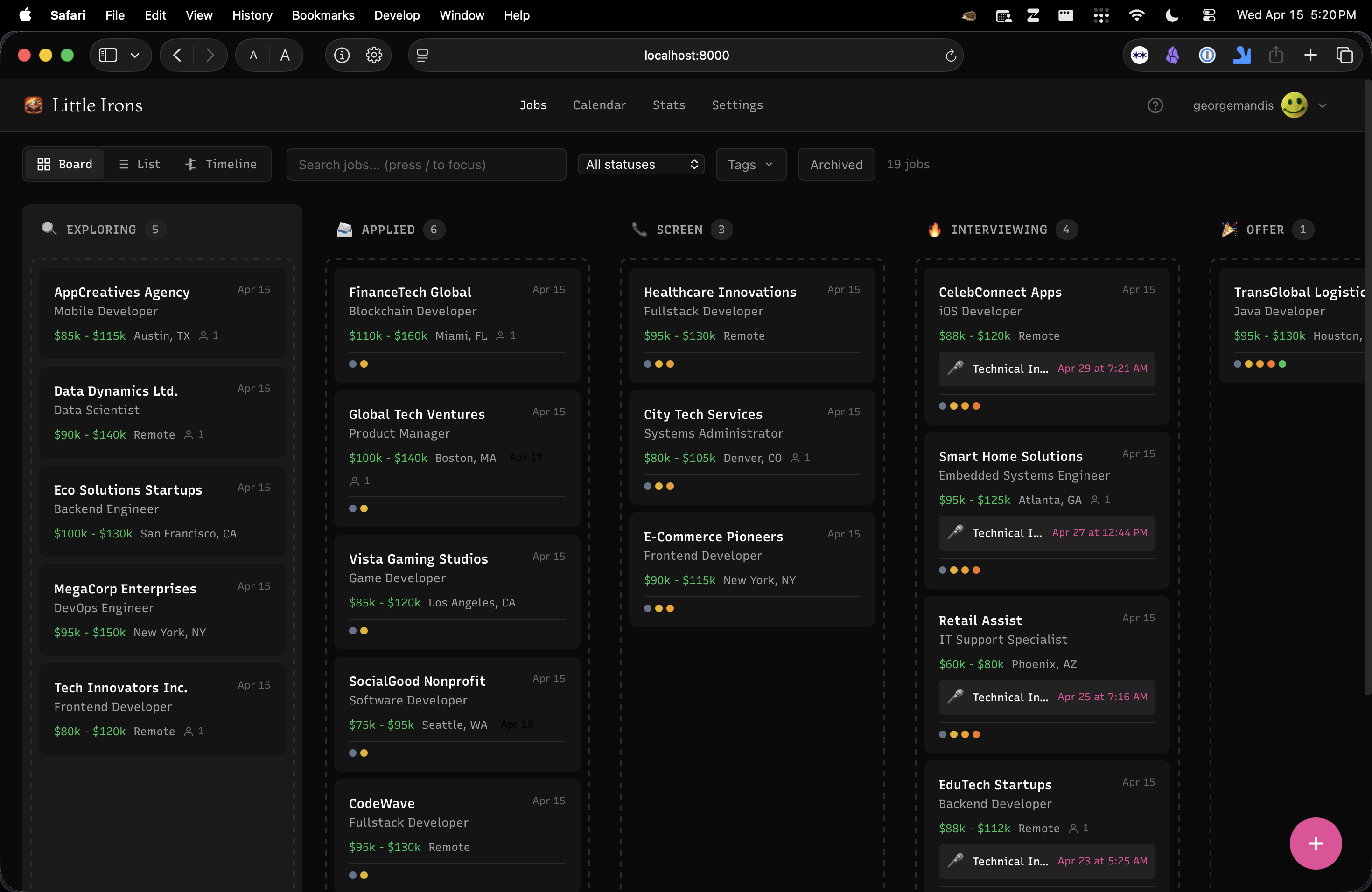 Little Irons kanban board showing job applications organized by pipeline stage