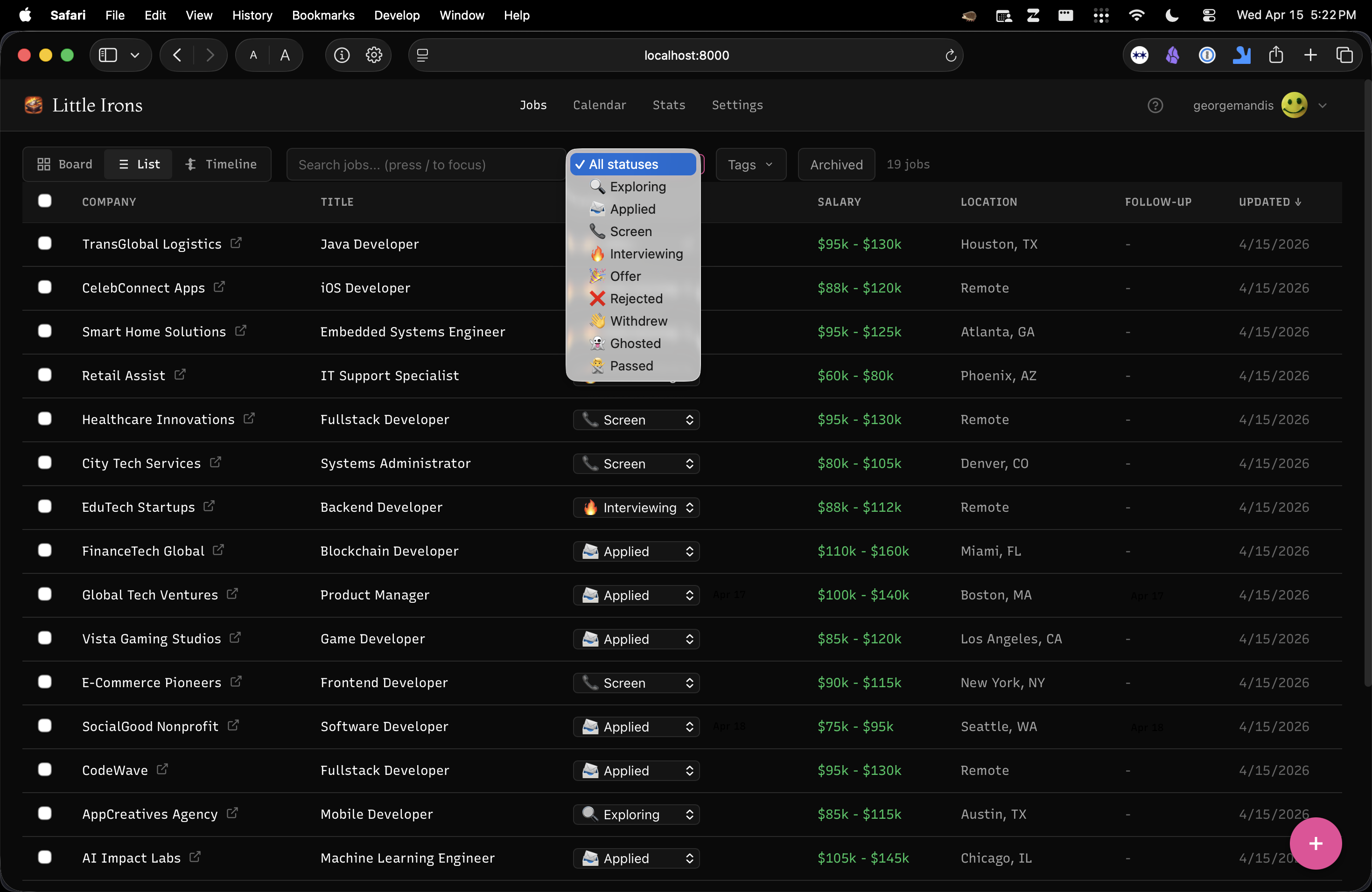 Little Irons list view showing a sortable table of all tracked jobs with a status filter dropdown