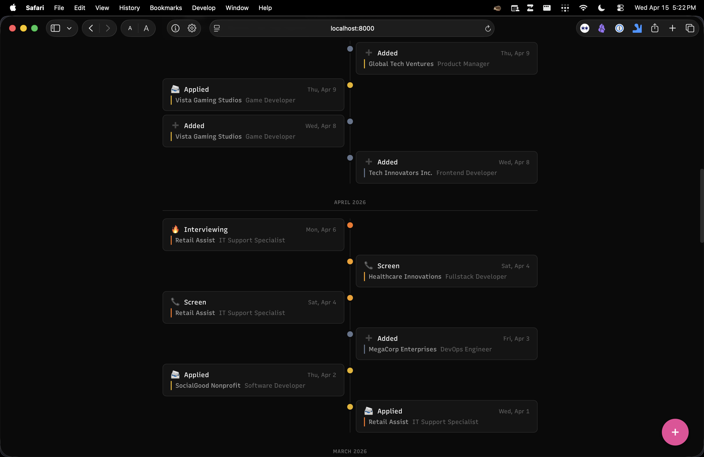 Little Irons timeline view showing a chronological feed of job search events