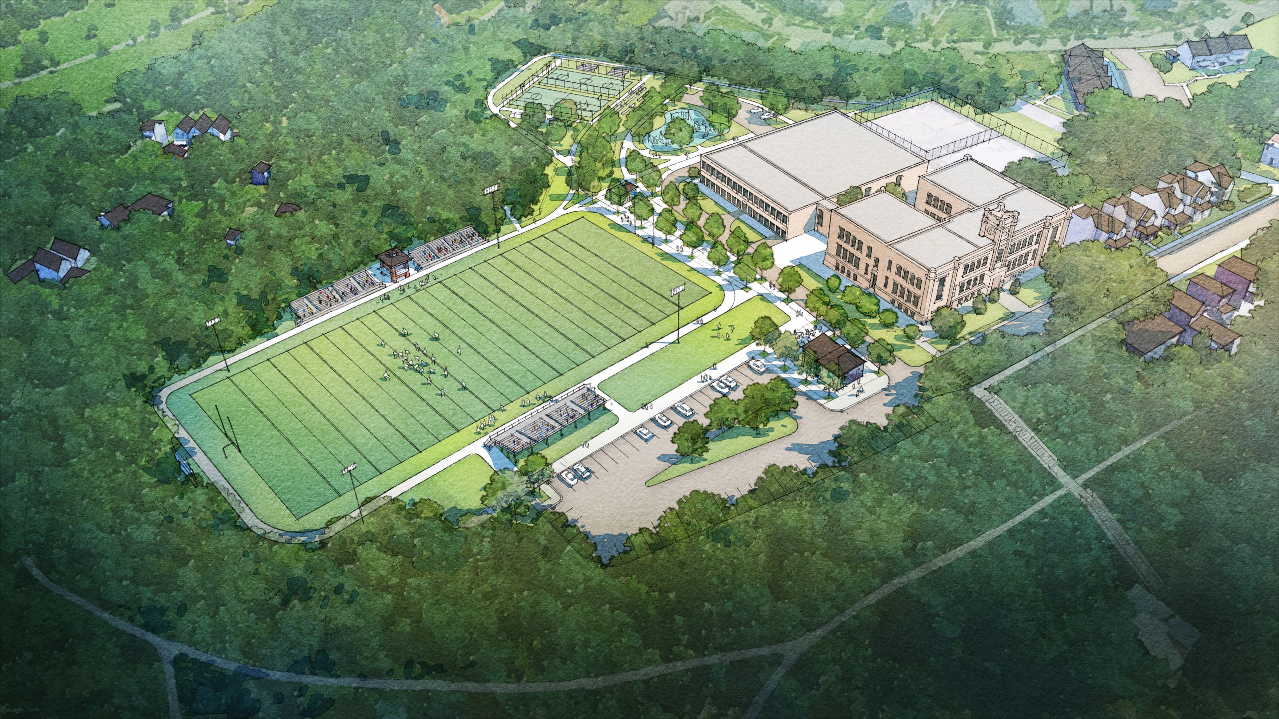 Aerial rendering of the proposed changes at Fort Pitt Park.