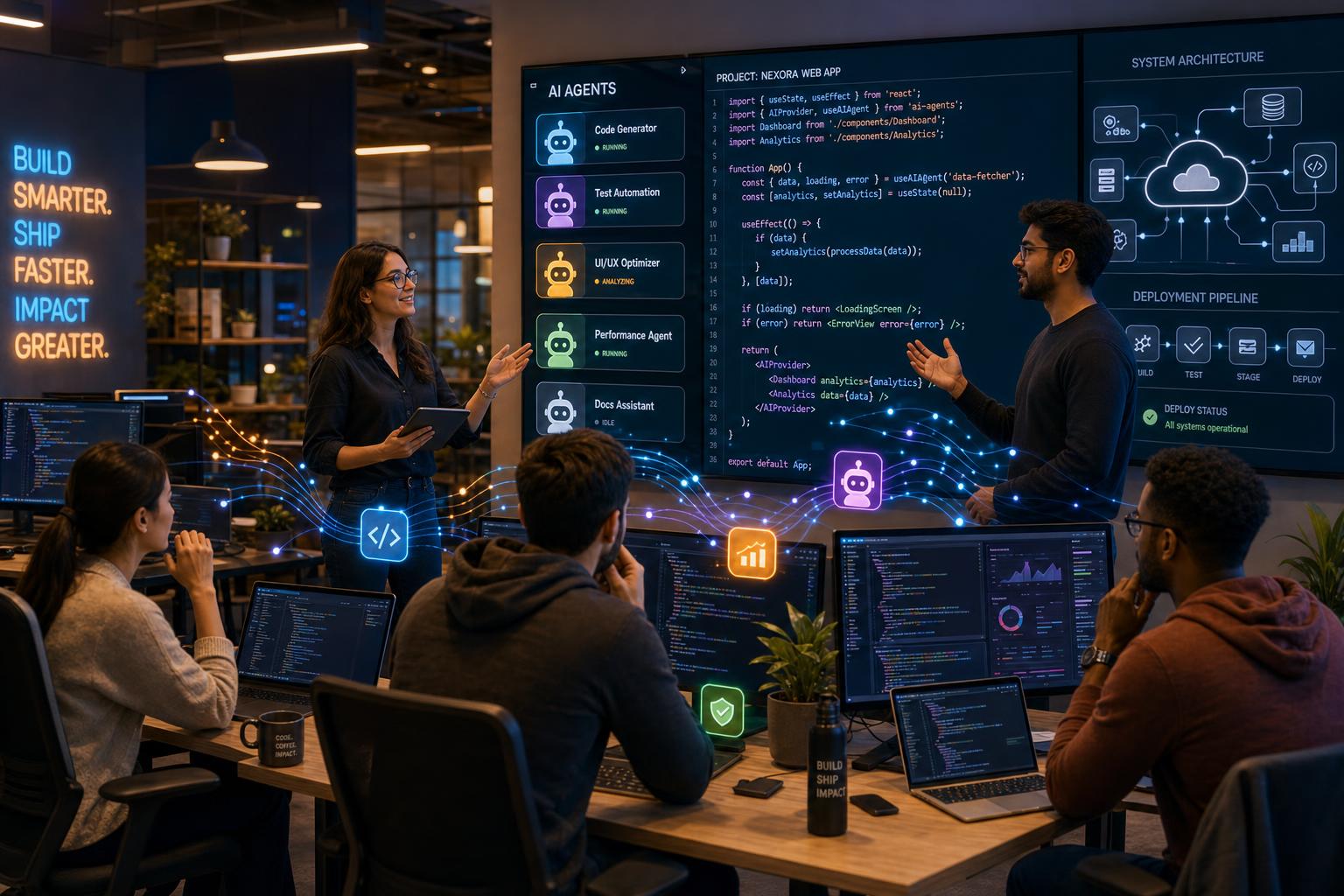 Diverse developers collaborate in a high-tech workspace with AI icons, dynamic code, and digital connections.