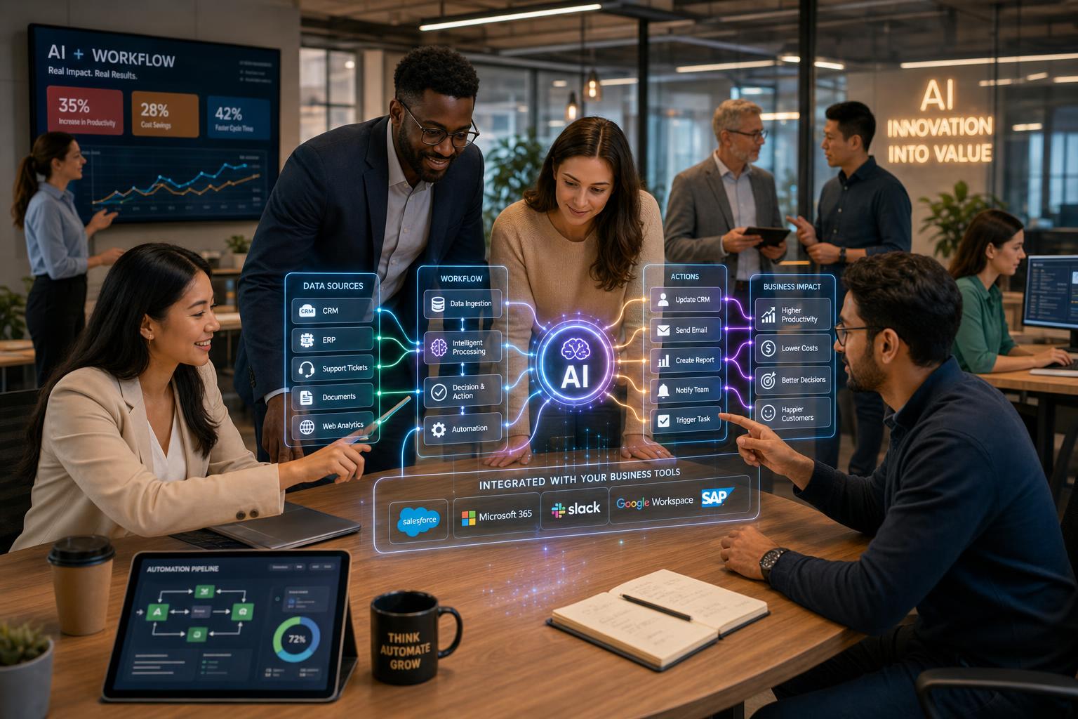 Diverse professionals collaborating around a digital interface integrating AI icons and business workflow diagrams.