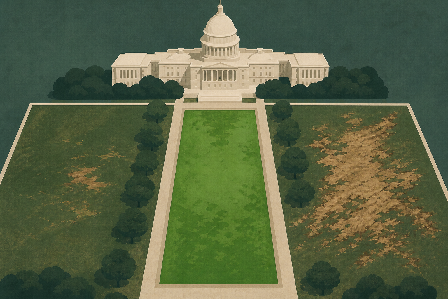 Aerial photo shows green Reflecting Pool, damaged South Lawn, more