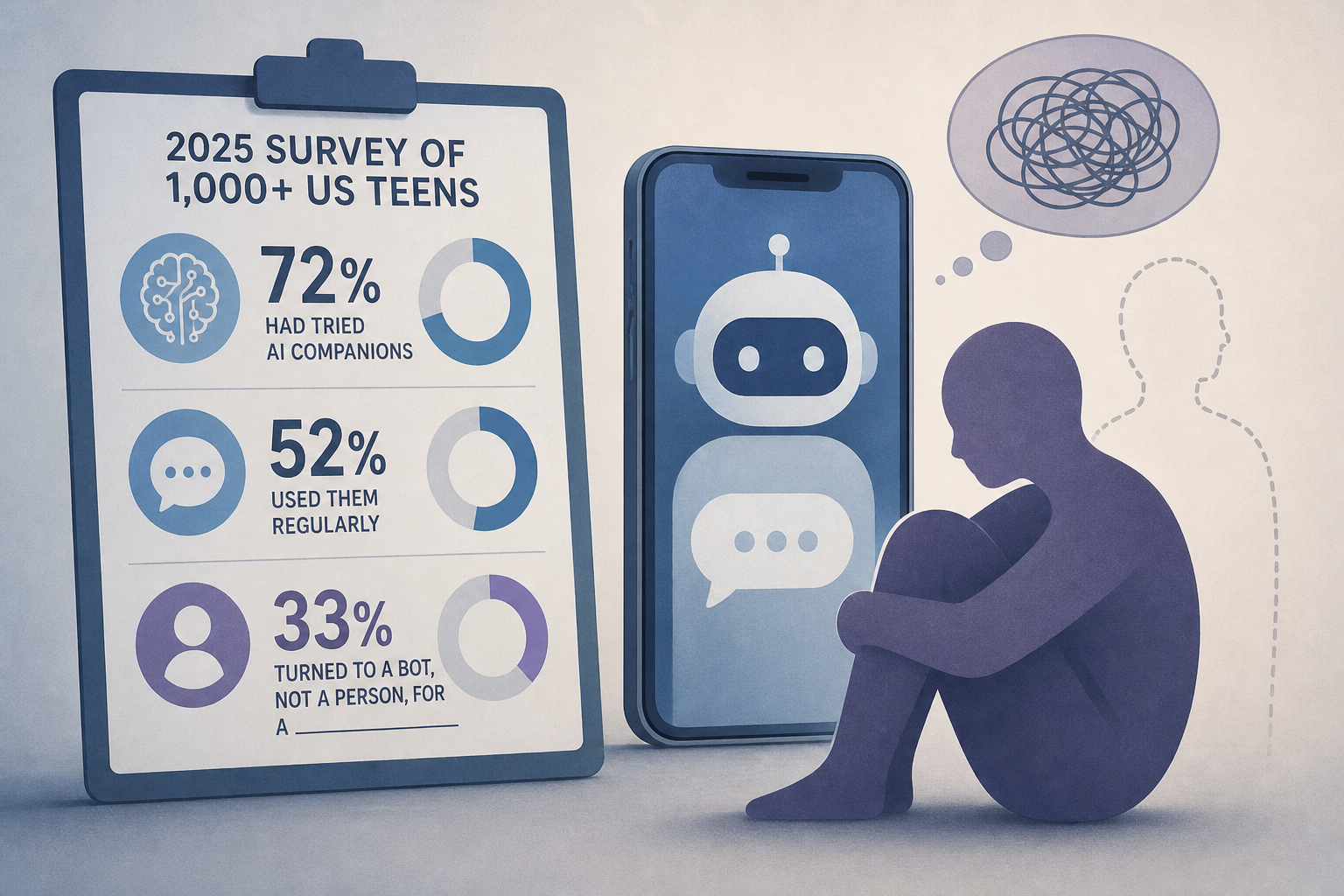 A 2025 survey of over 1,000 US teens found 72% had tried AI companions and 52% used them regularly, but the detail that unsettled researchers was this: a third had turned to a bot, not a person, for a