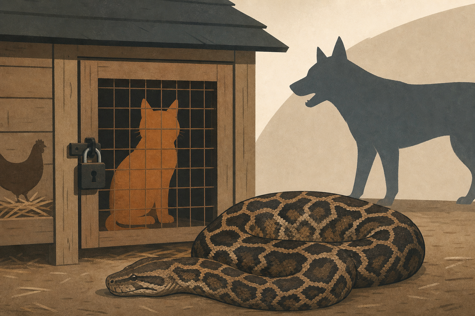 Resident locks cat in chicken coop to save it from stray dogs, then finds python too full to move