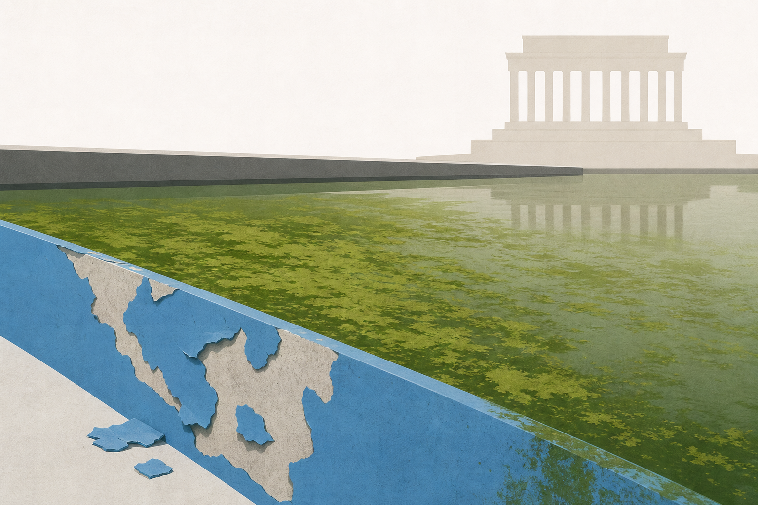 Blue paint seen chipping off in Lincoln Memorial Reflecting Pool after algae turn it green