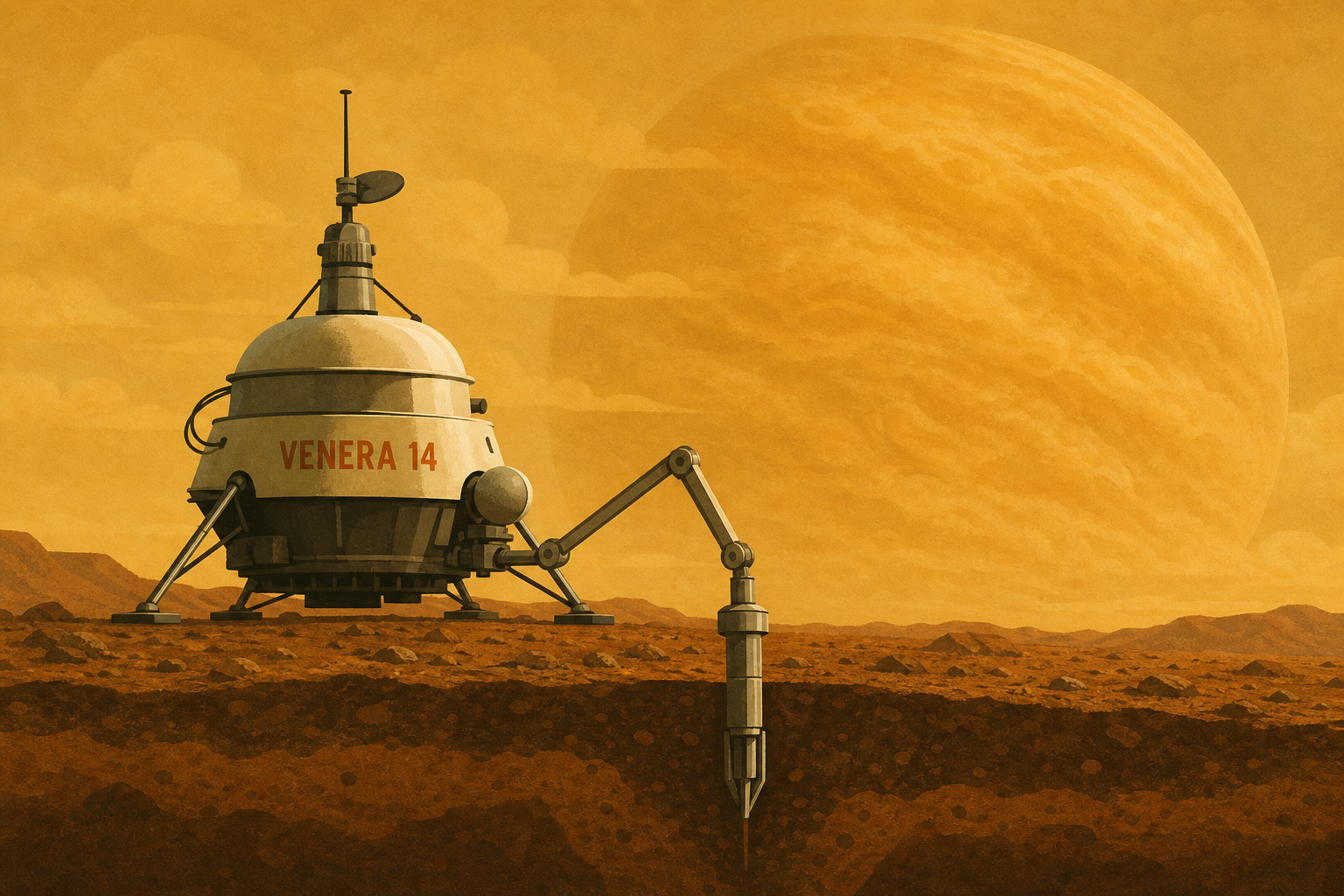 On 5 March 1982, the Soviet Venera 14 lander reached the surface of Venus, ejected the protective cap from its camera lens, photographed the surrounding terrain — and then lowered its mechanical soil-