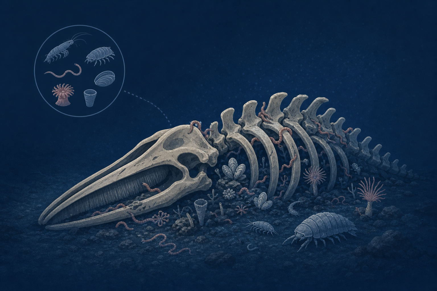 When a dead whale sinks to the seafloor, its 'whale fall' becomes an oasis feeding deep-sea life for decades — up to 190 species crowding a single skeleton, with bone-eating worms gnawing the bones fo