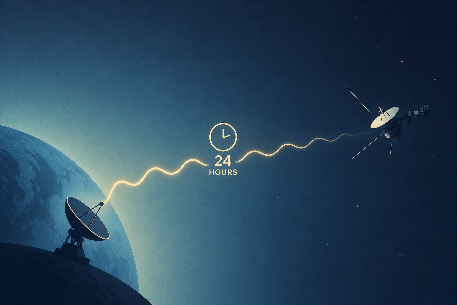 Voyager 1 launched in 1977 on a four-year mission and is still flying 49 years later, now so far away that in November 2026 a radio signal will take a full 24 hours to reach it — so when engineers say