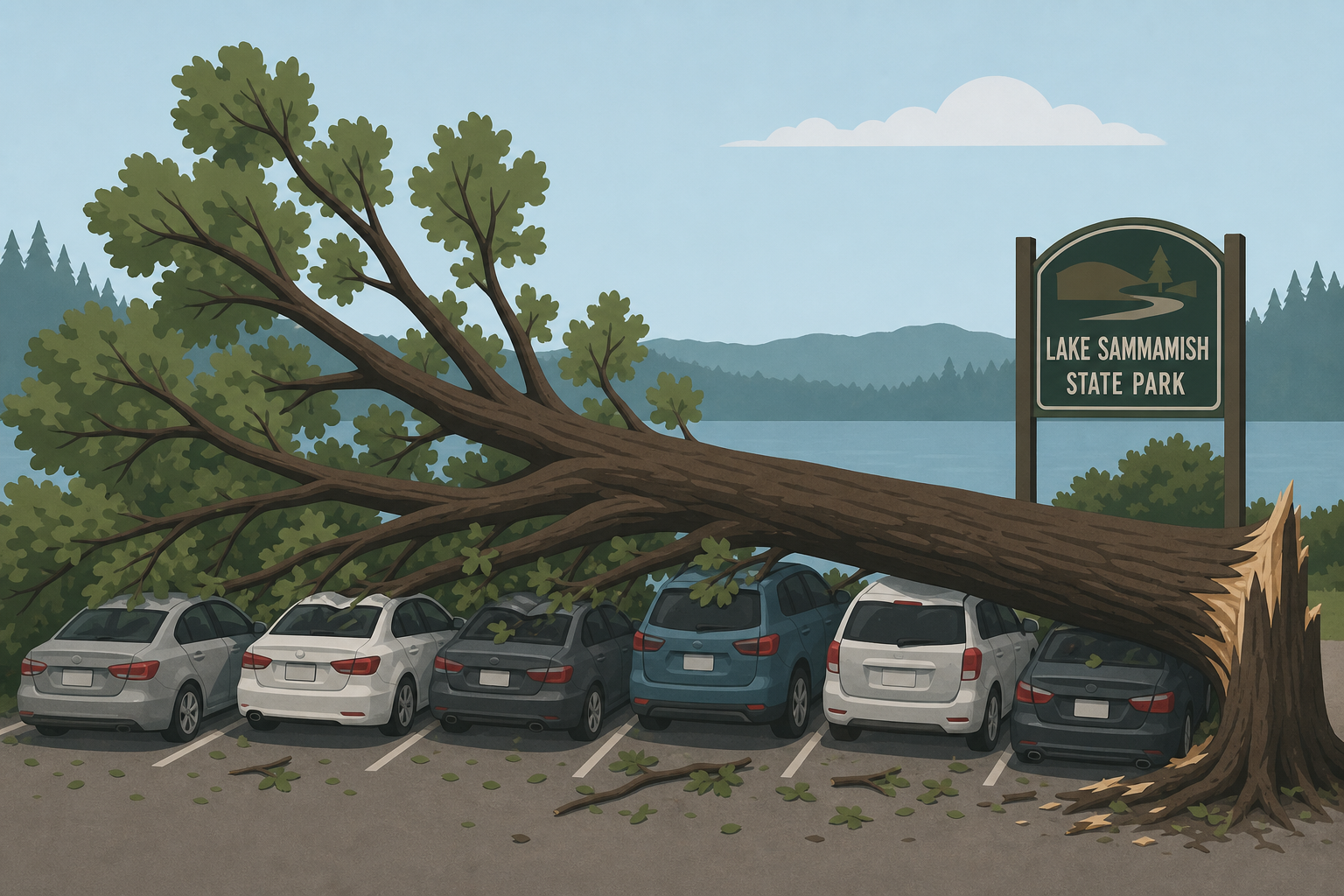 Close call for family as large tree falls, hits 6 cars at Lake Sammamish State Park