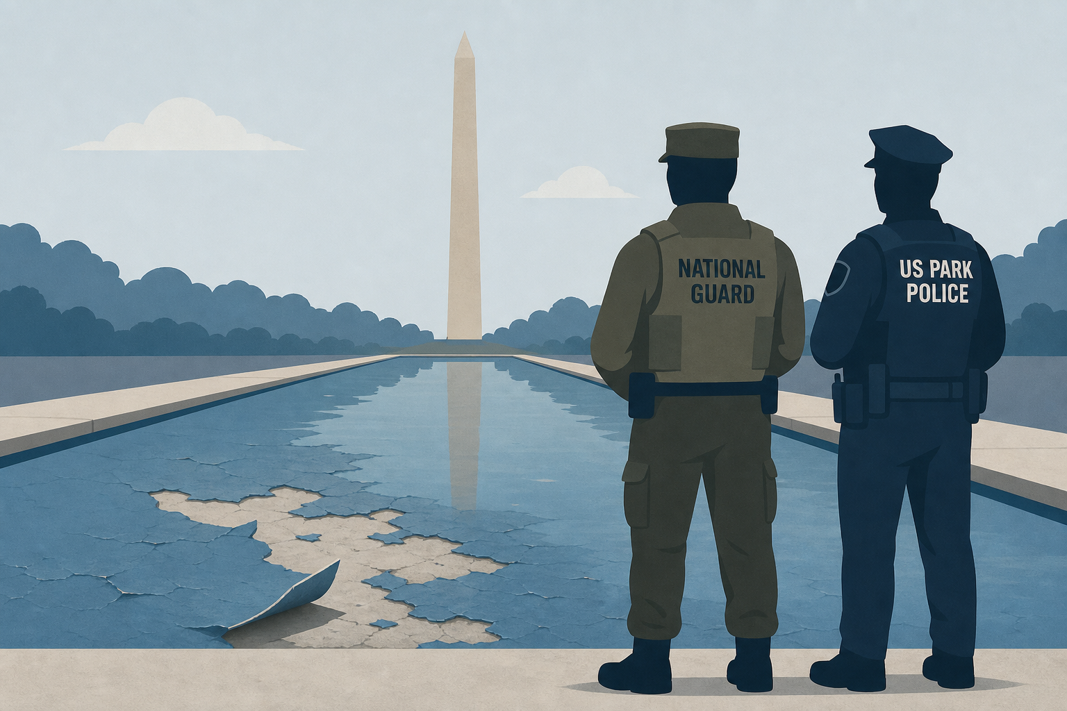 National Guard and US Park Police patrol Reflecting Pool as coating peels
